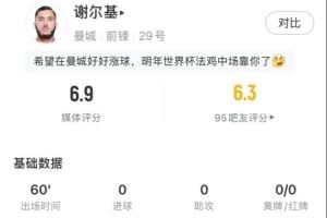 谢尔基本场数据：0射门，1关键传球，10次丢失球权，评分6.9